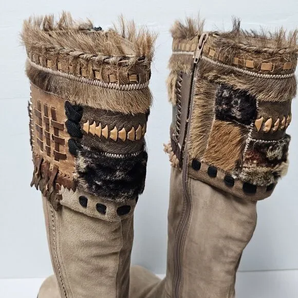 Apepazza Ninfa Boots Womens 9.5 Tan Suede Leather Wedge Boho Tribal Patchwork - Picture 5 of 14